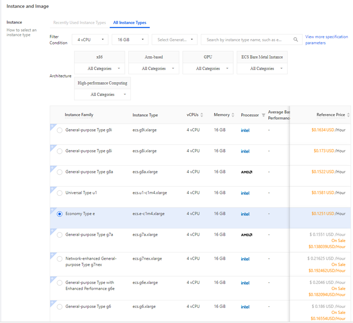 Instance type selection with CPU and memory options