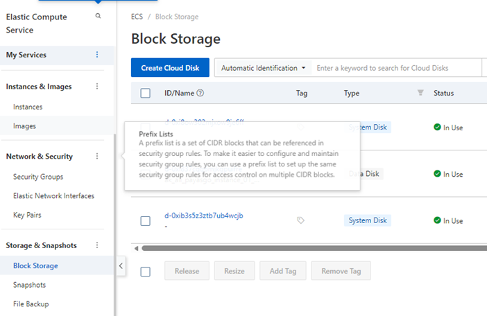Block Storage menu in Alibaba Cloud console