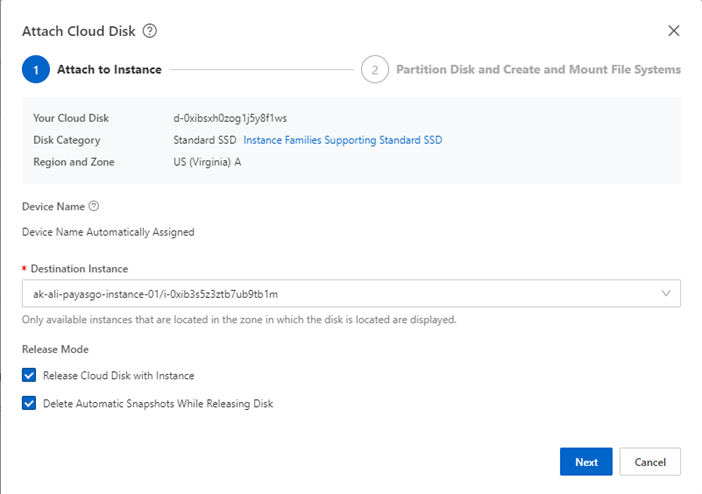 Attach disk to instance dialog