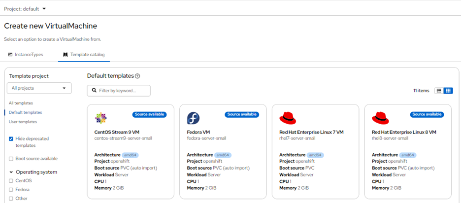 RHEL virtual machine templates list