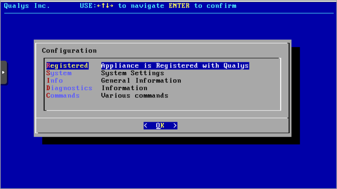CAMS/QGS Text UI showing appliance registered status