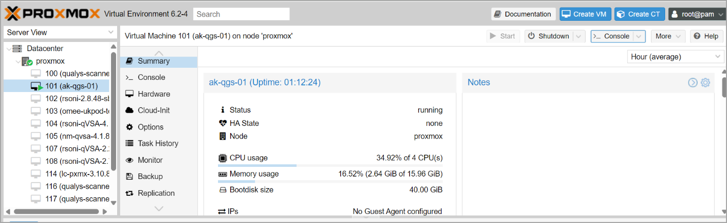 Proxmox Web UI showing VM ak-qgs-01 running