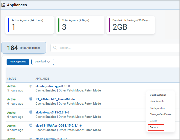 Appliance reboot in Quick Actions menu.