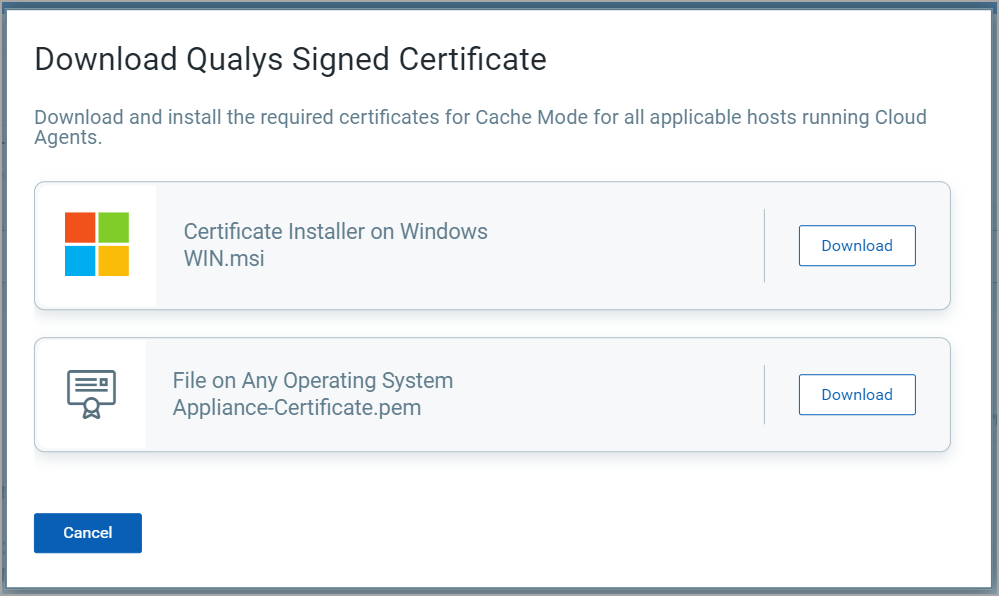 The Qualys Signed certificate download options