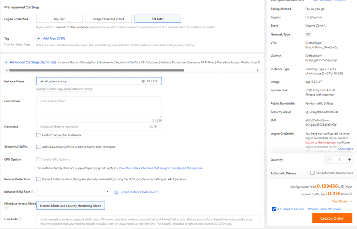 Instance creation success message