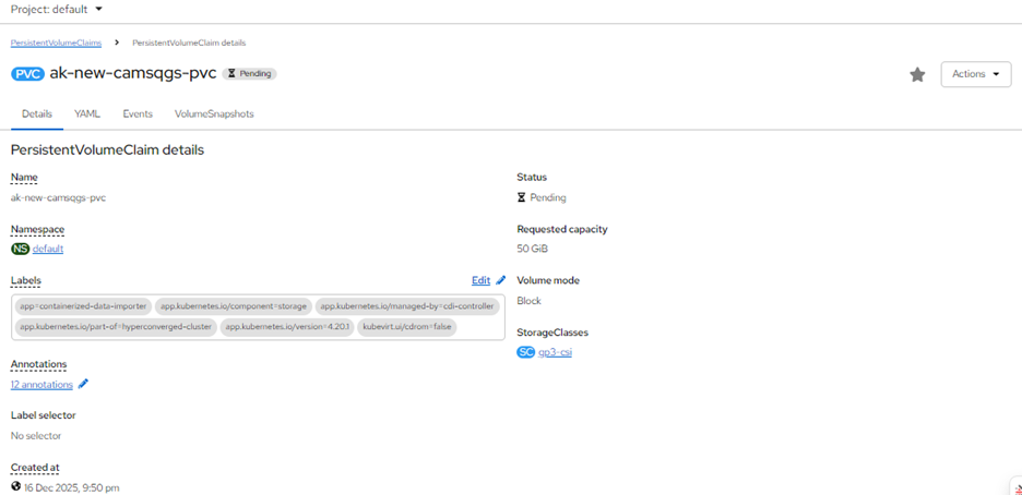 PVC status shown as Pending