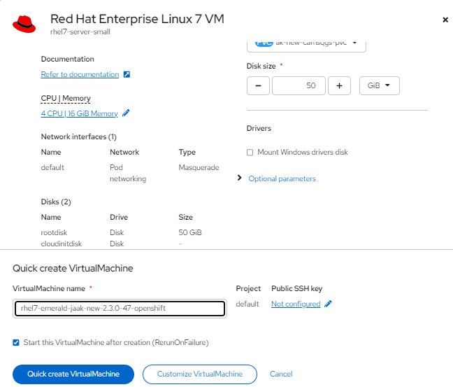 Create virtual machine confirmation screen