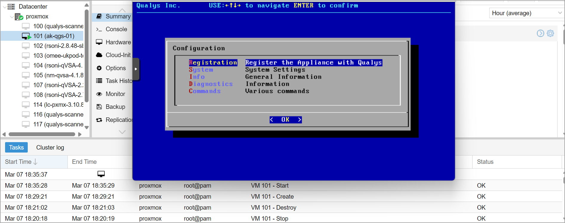 Proxmox console showing CAMS/QGS Configuration menu with Registration option