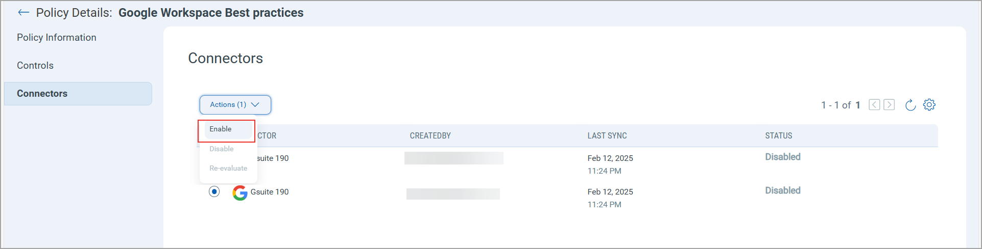 Enable the connector from Policy page
