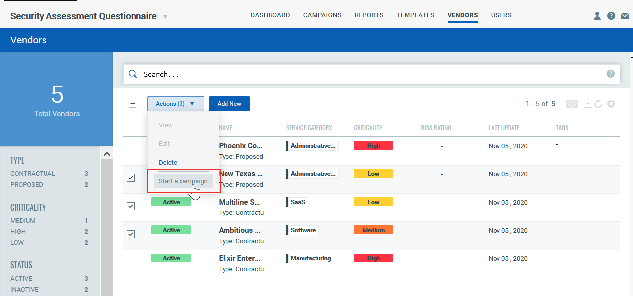 Start Campaign from VENDORS Tab