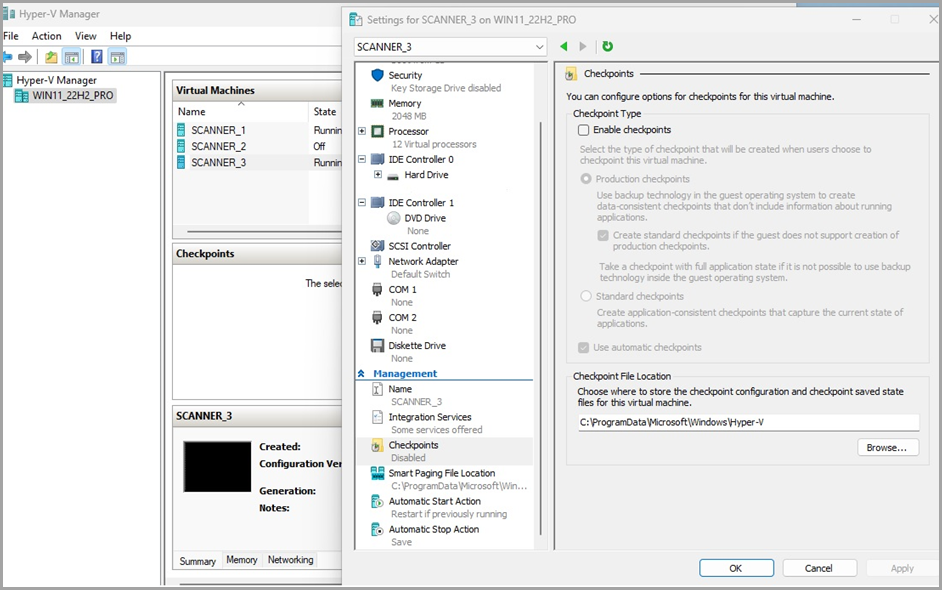 viewing Checkpoints settings.