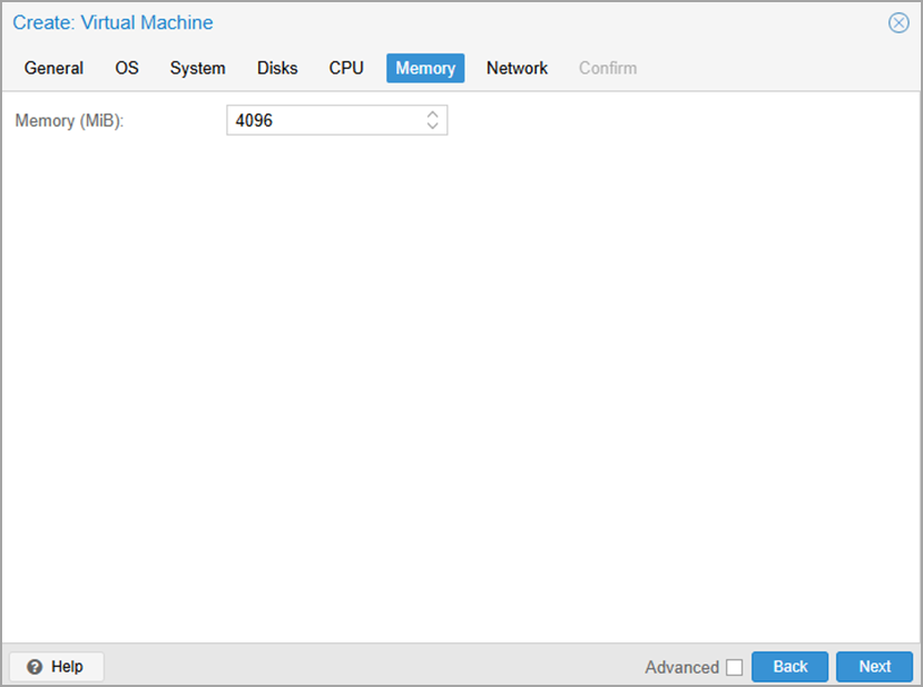 Select 4096 MB of Memory of RAM.