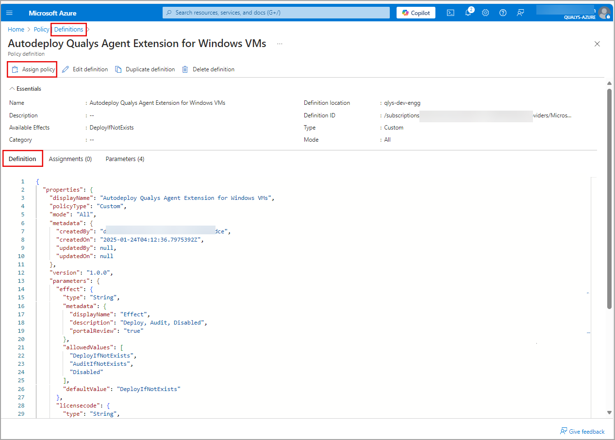 Policy definition details for newly created policy.