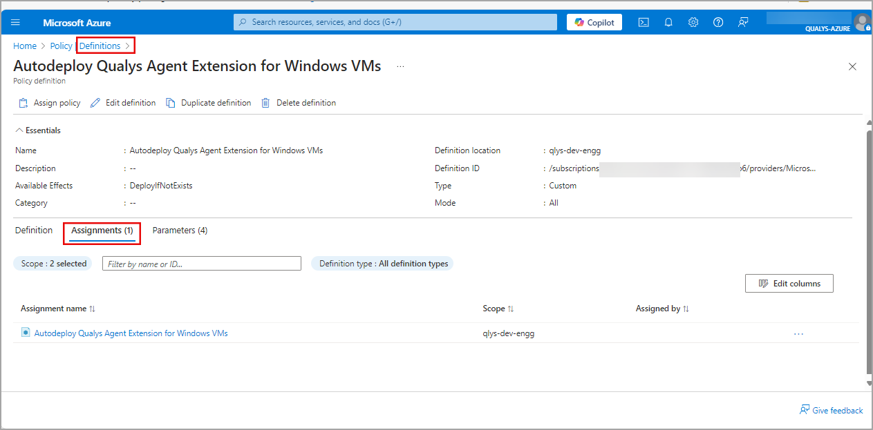 Deployment policy assignment details.