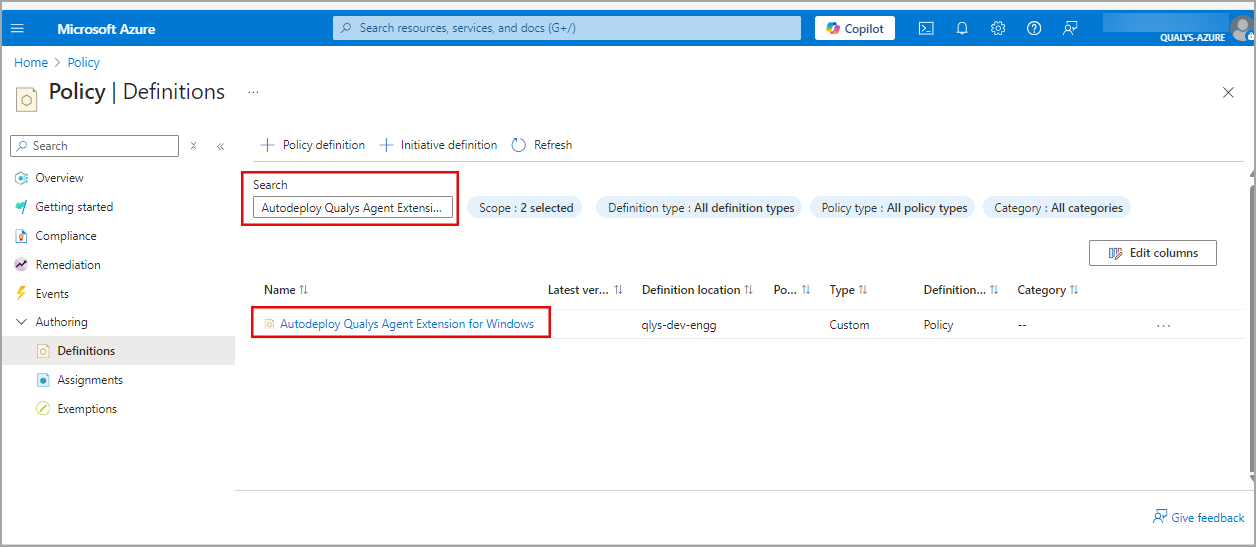 Policy definitions home screen.