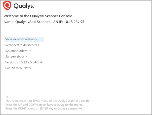 Qualys Scanner Console with Show network settings option