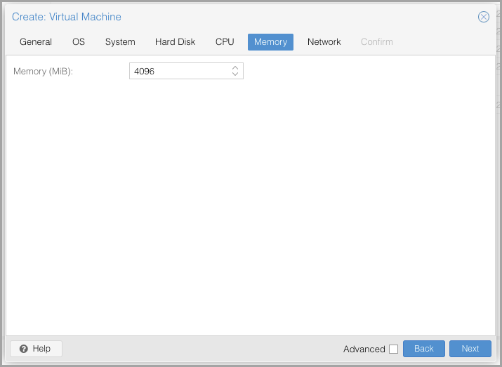 Select 4096 MB of Memory of RAM.