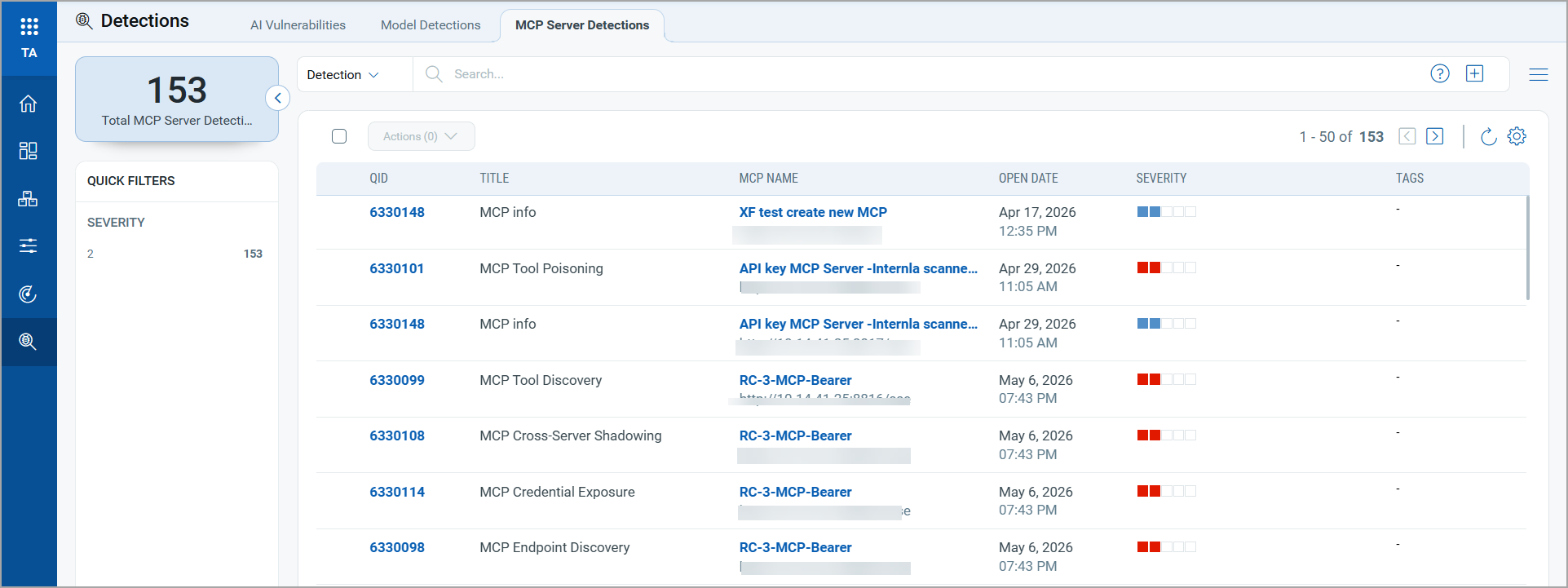 Findings detected on models listed in the Model Detections tab.