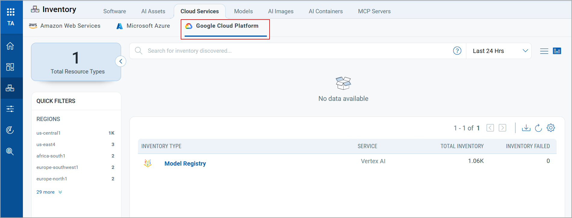 Inventory Type list on Cloud Services window.