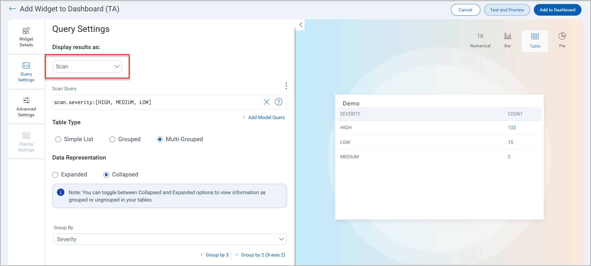 widget creation based on scan query.