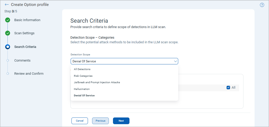 New Detection Attack Methods in Option Profile Search Criteria screen.