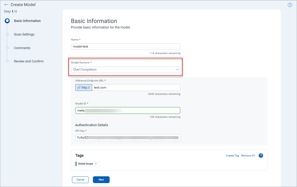 New model runtime in the Create Model screen.