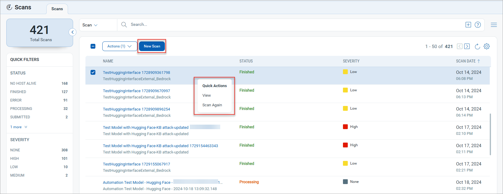 Scans tab with options for new scan, view, edit and delete.