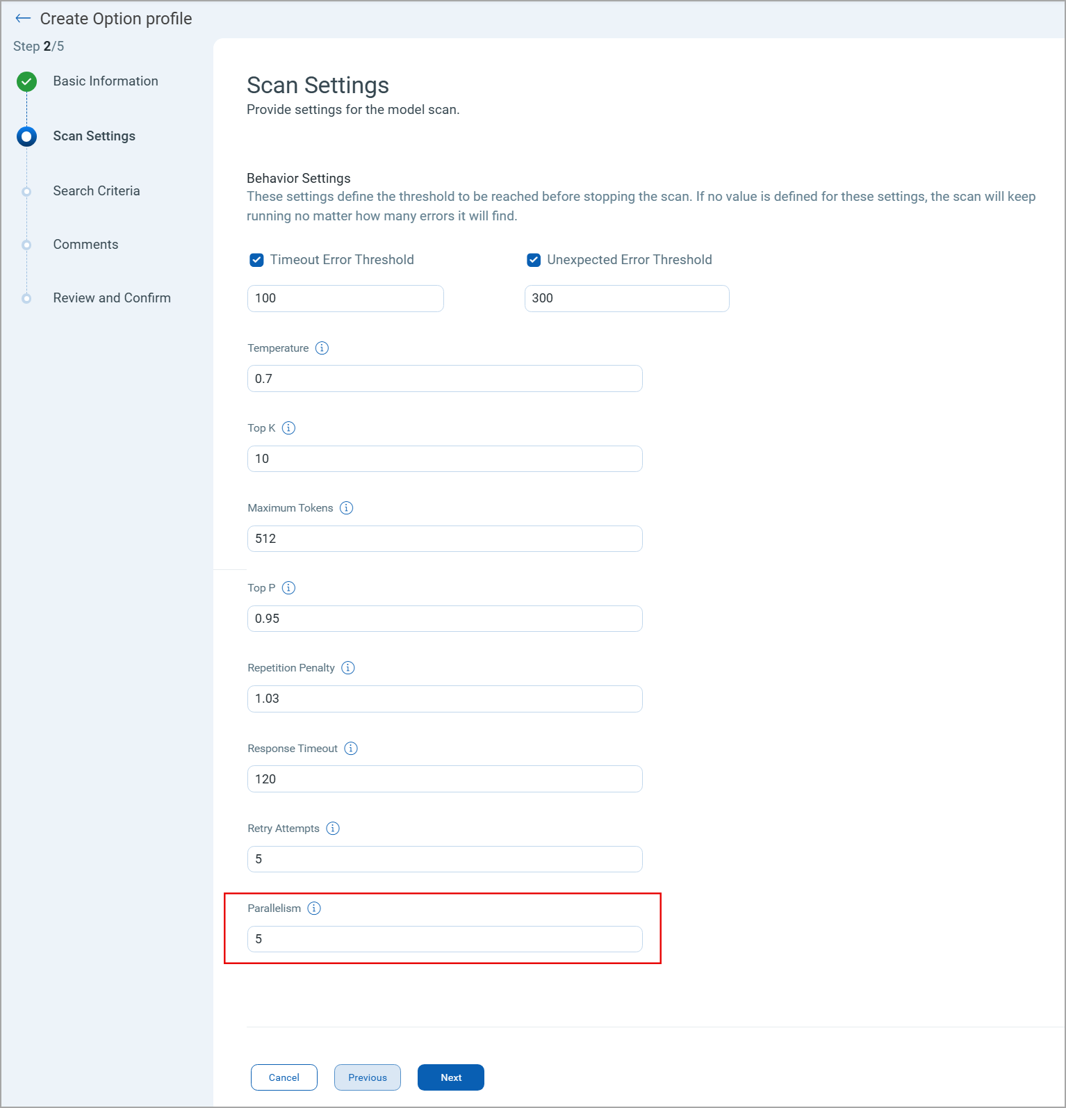 Parallelism parameter.