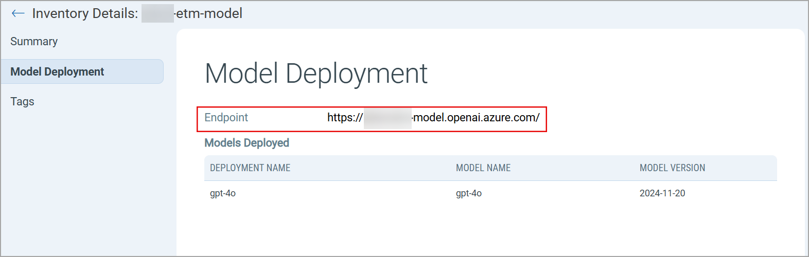 Inventory details model deployment section.