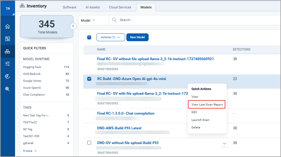 View last scan report option for model in Quick Actions.