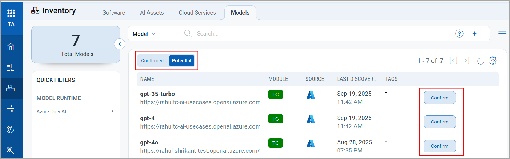 Confirmed and Potential models in the Models tab.