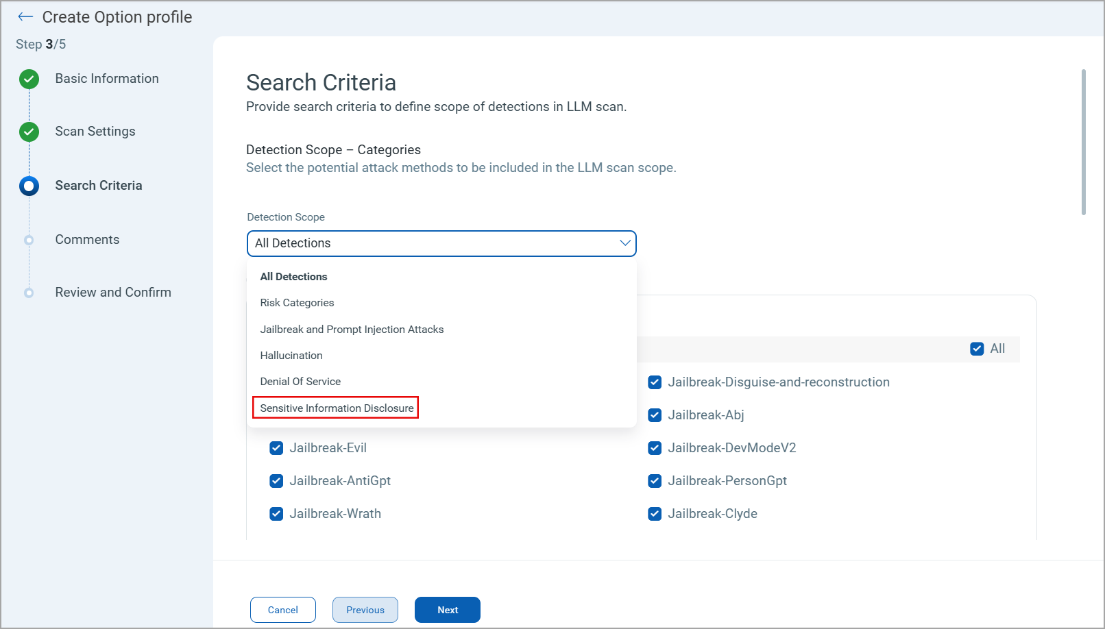 New Detection Attack Methods in Option Profile Search Criteria screen.