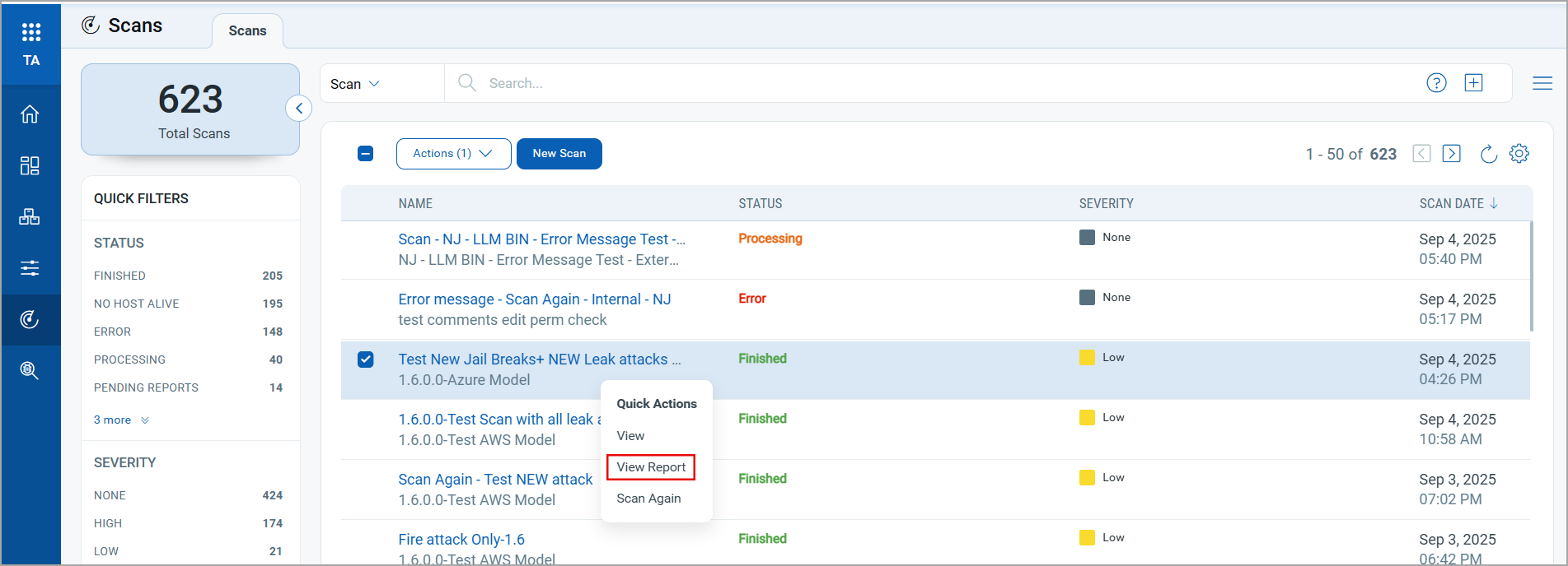 View Report option from Scans tab.