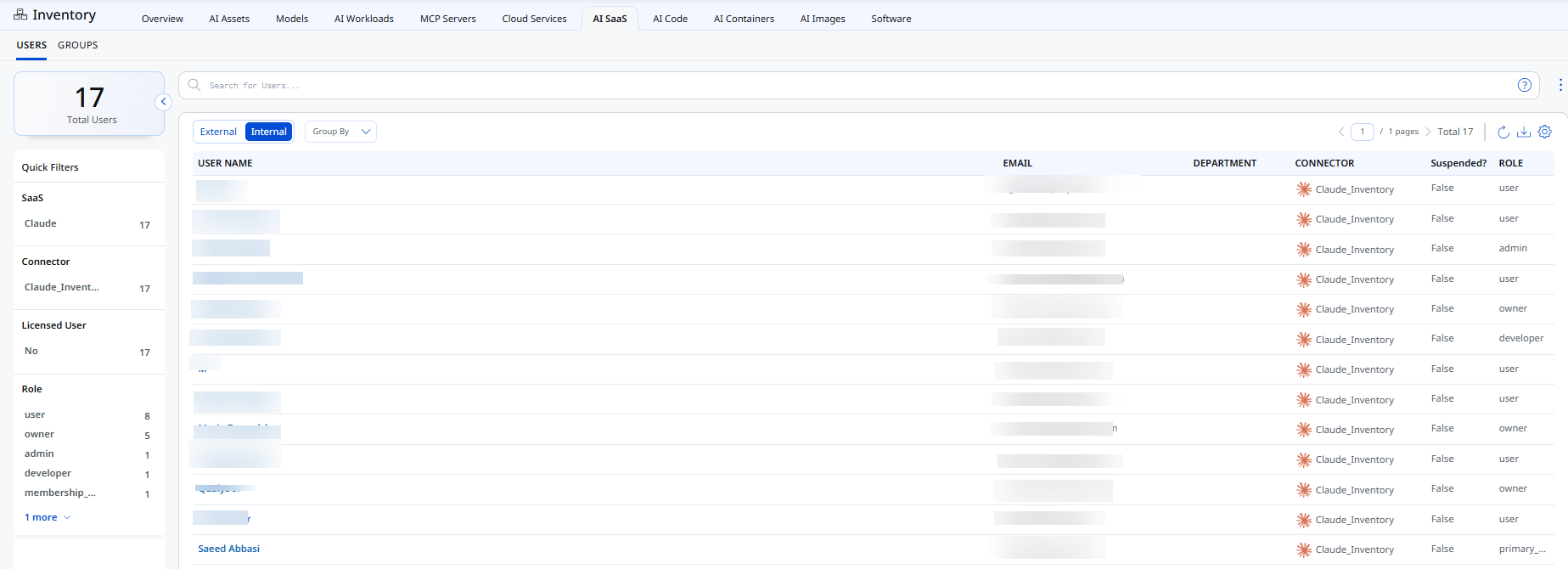 AI SaaS tab showing AI-related SaaS applications and usage by users and groups