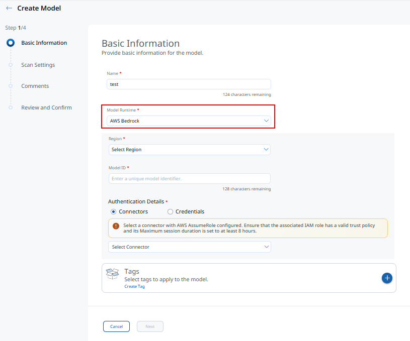 New Model dialog with AWS Bedrock selected as the Model Runtime