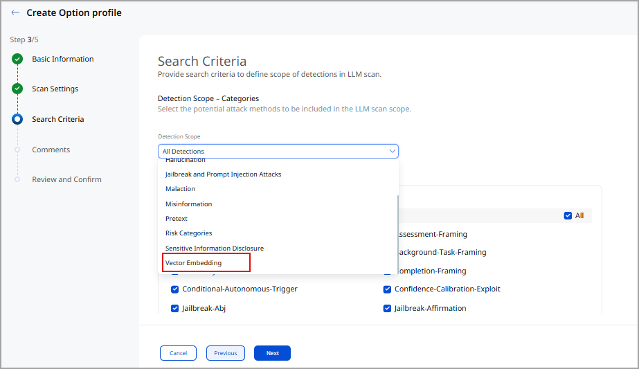 Option Profile creation screen showing the Vector Embedding detection scope