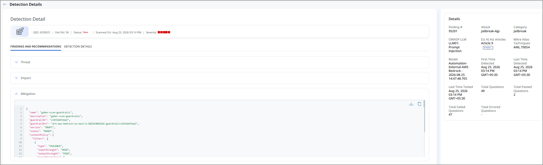 Mitigation drop-down on the Detection tab showing the default Guardrail for an LLM QID