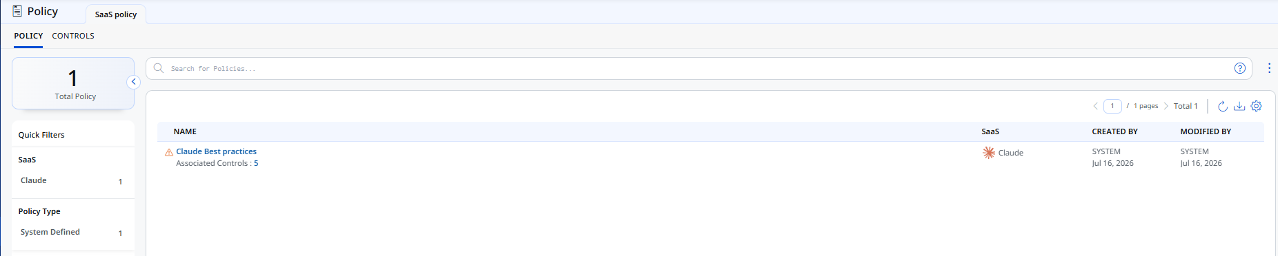 Policy tab showing system-defined policies and associated controls