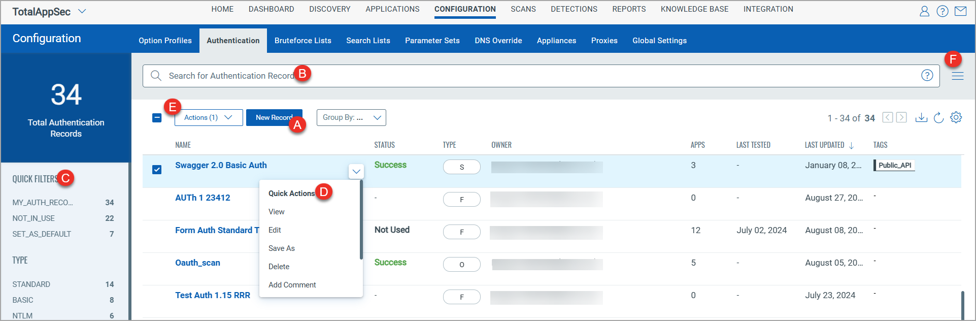 Authentication tab displays authentication records.