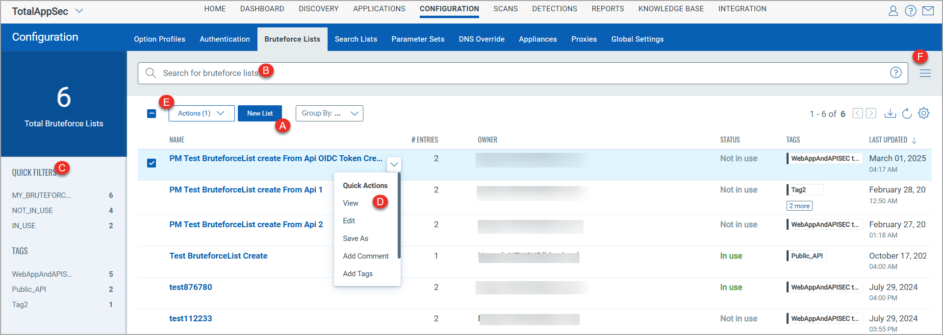 Bruteforce Lists tab in Configuration.