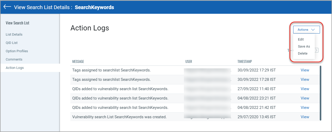 search list view action menu
