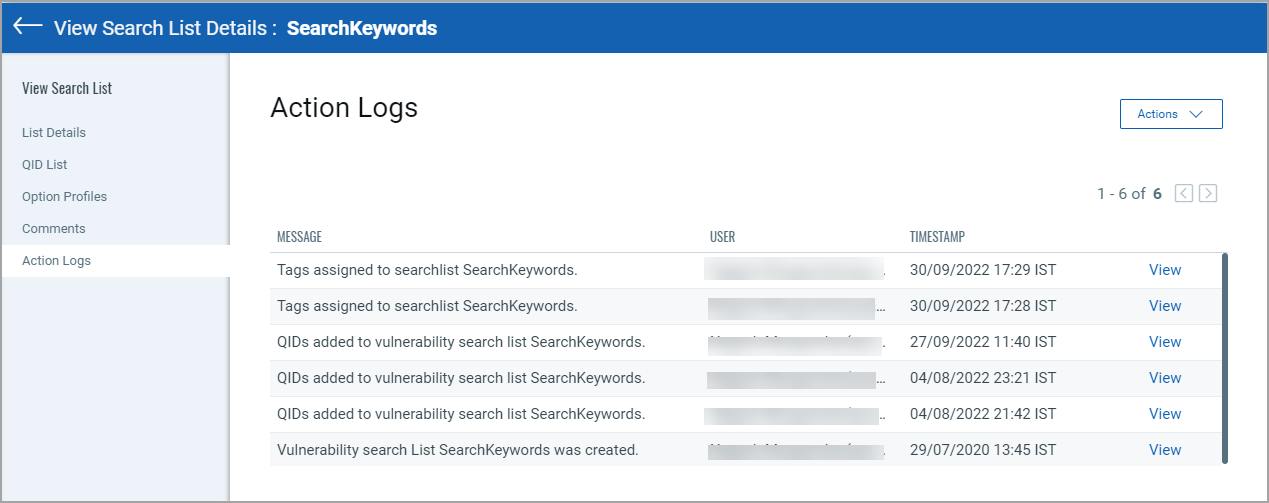 search list action log