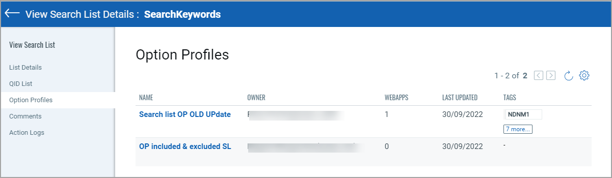 view option profiles associated to search list