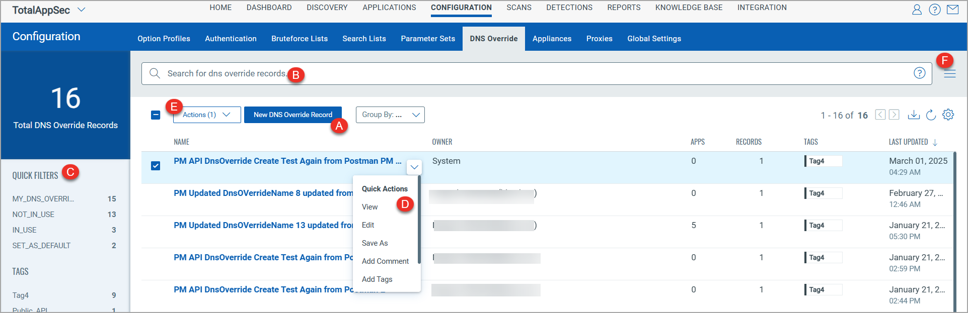 DNS Override tab under Configuration.