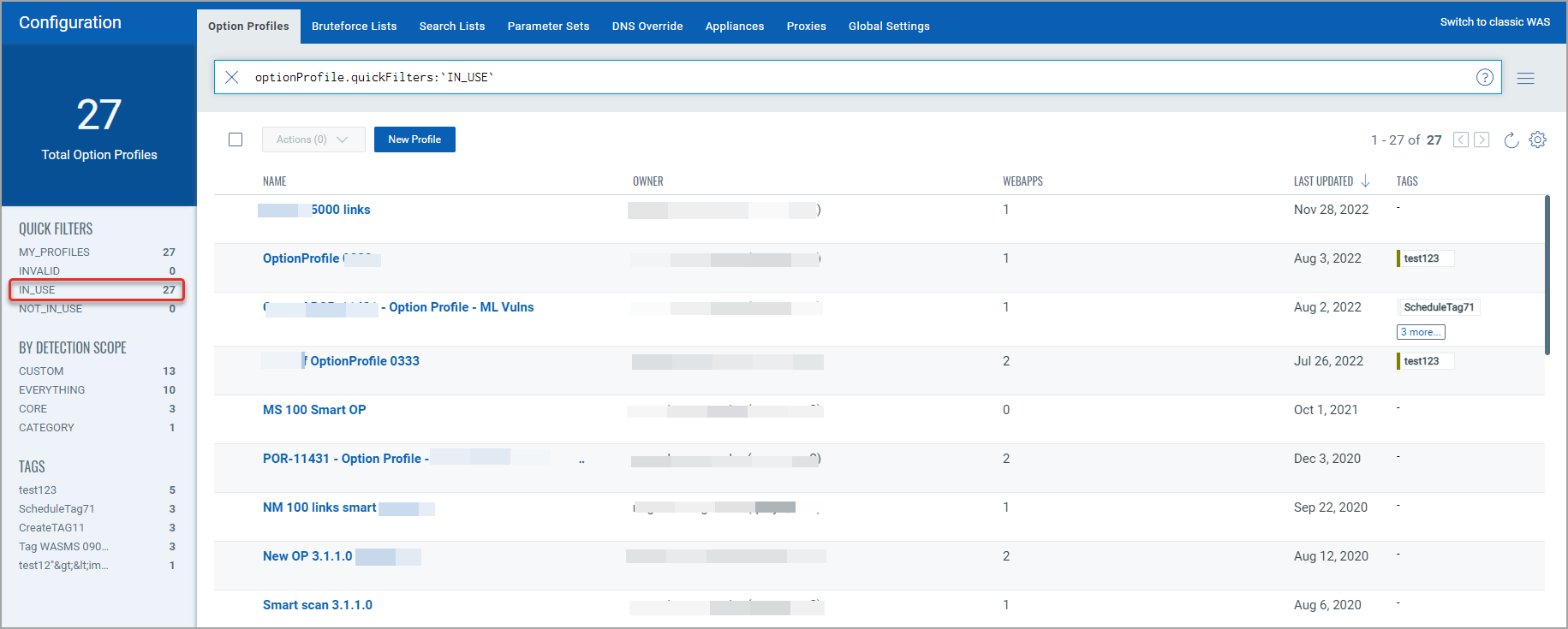 use quick filters in option profiles
