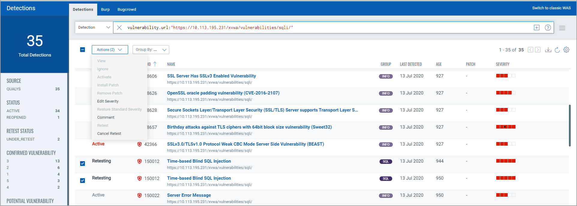 Detection details for multiple retests with their current status.