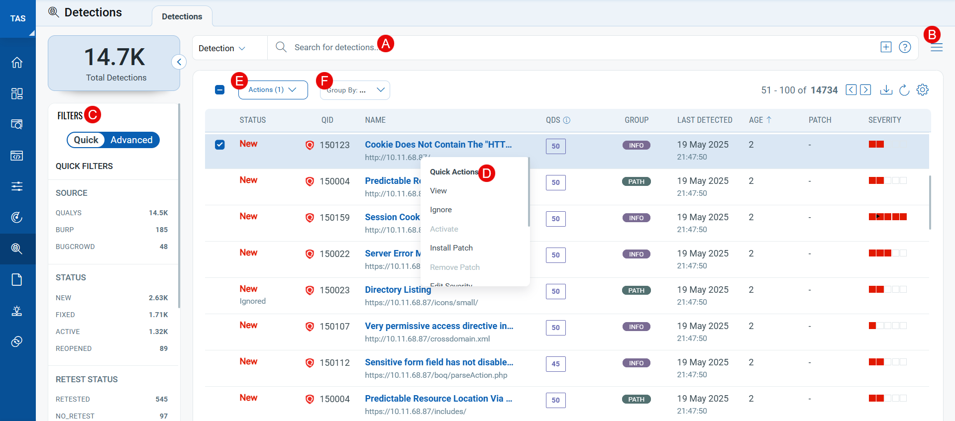 The Detections tab show the detections list.