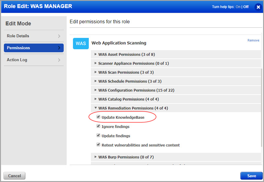 WAS KnowledgeBase permissions in the Admin module.