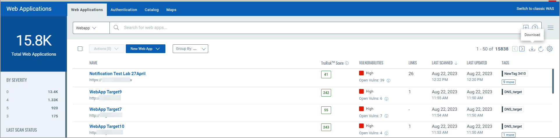 Download option under Settings button available for datalists.